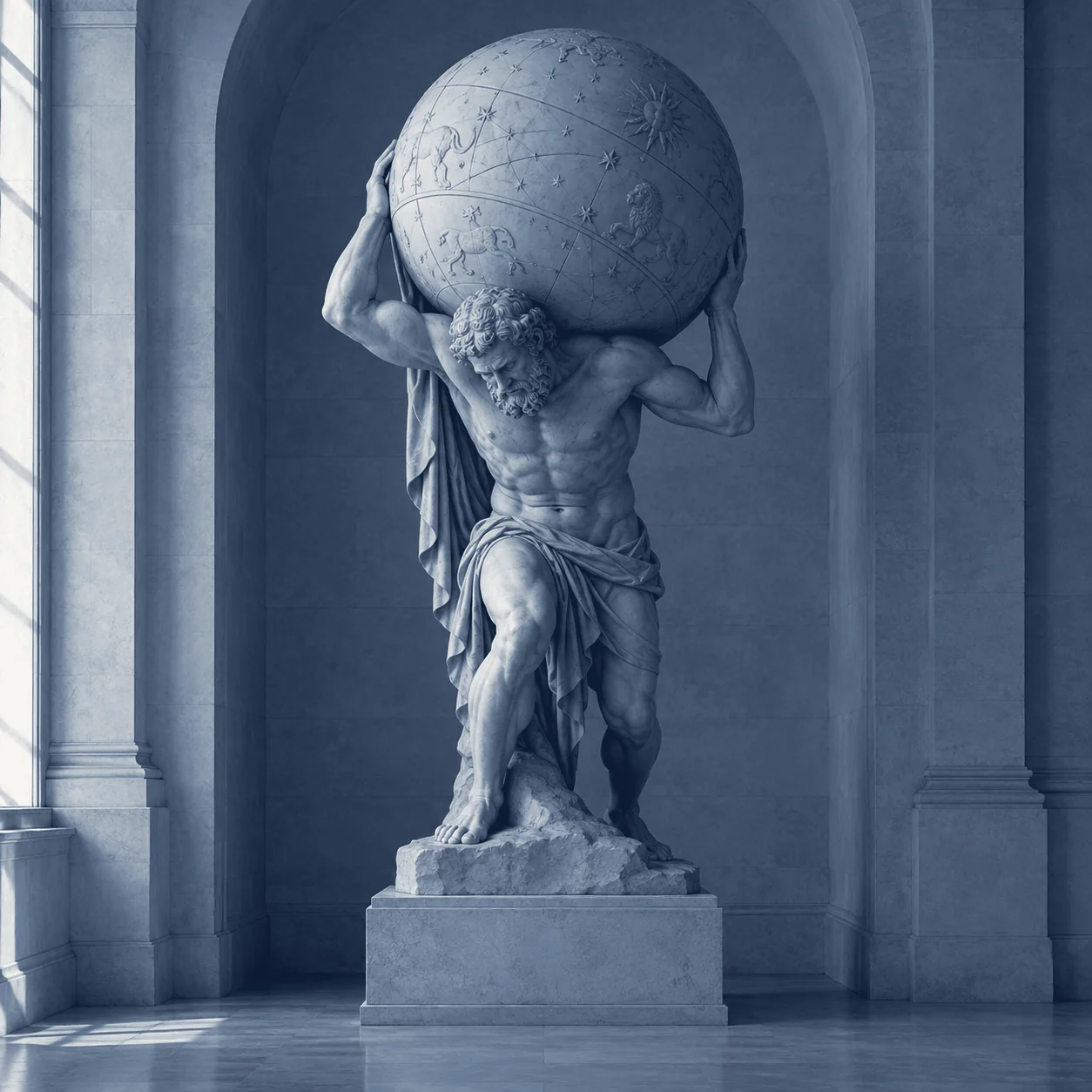 Classical sculpture of Atlas supporting a celestial sphere