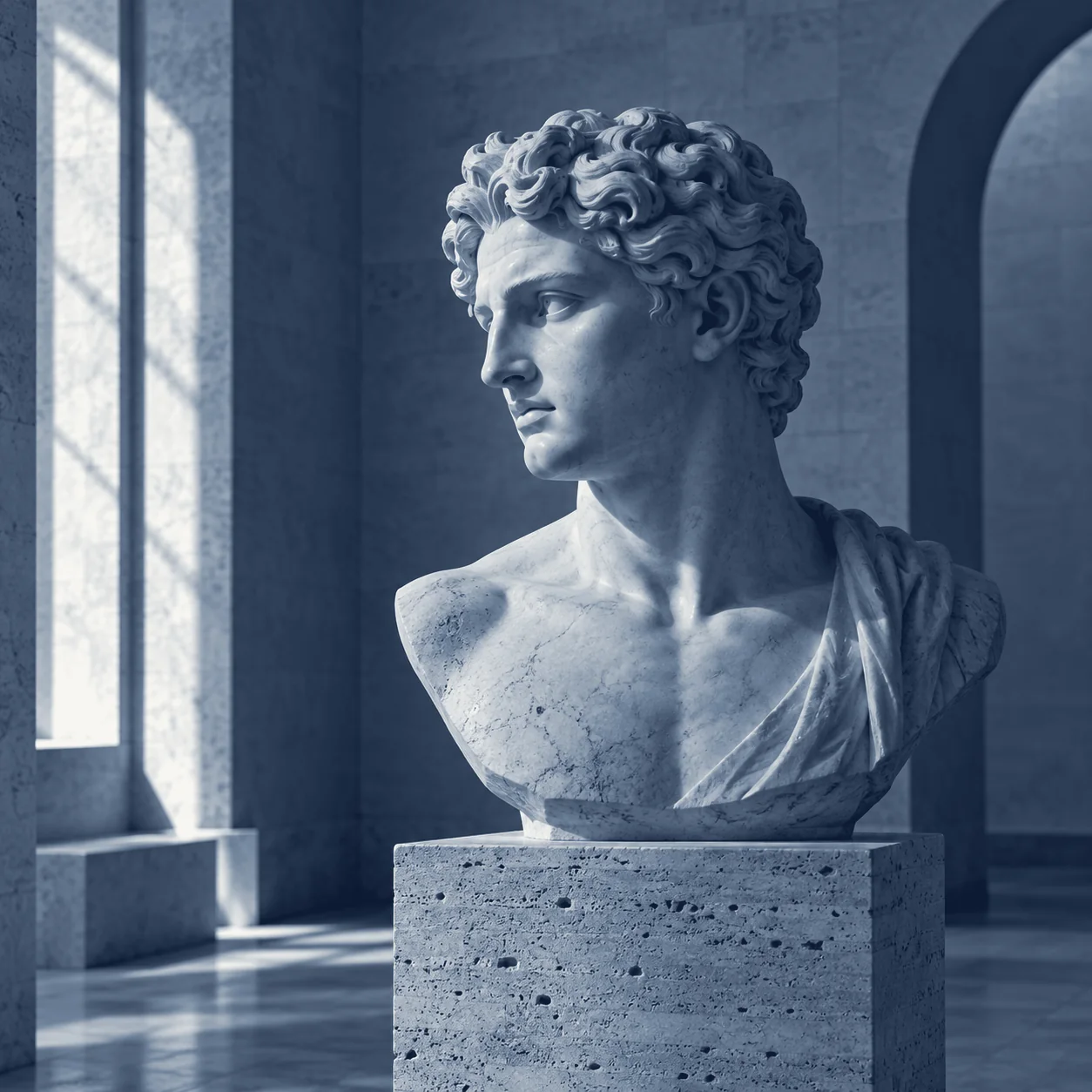 Classical marble bust in a sunlit stone gallery