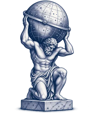 Atlas supporting a celestial globe, engraved in navy