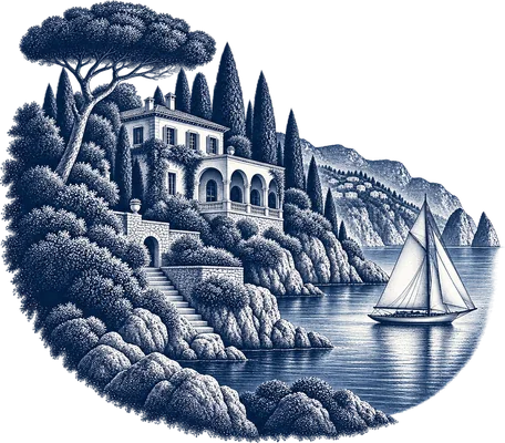 A coastal villa and a sailing boat, engraved in navy