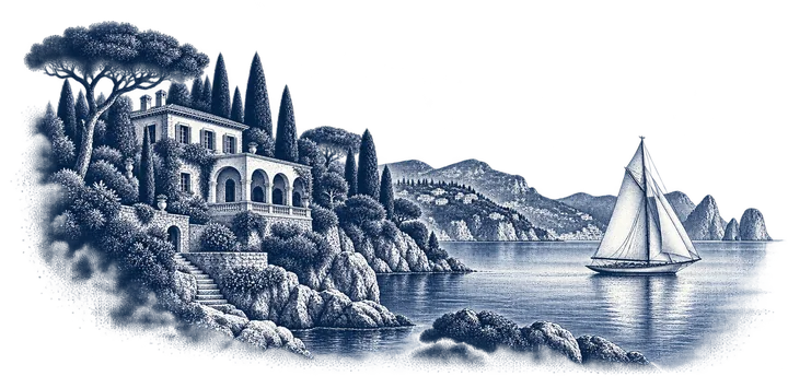 A coastal villa and a sailing boat, engraved in navy