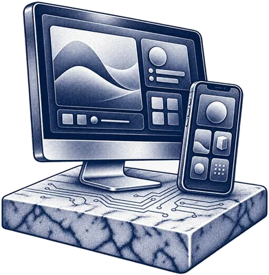 A computer screen and a phone on a marble base, engraved in navy