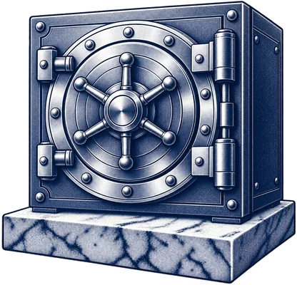 A vault safe on a marble base, engraved in navy